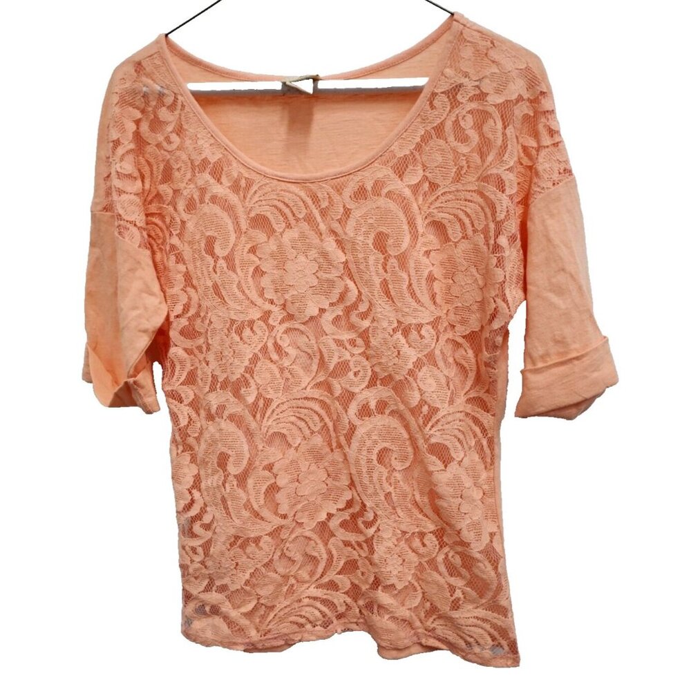 Daytrip The Buckle‎ Womens Top Small Peach Lace Short Sleeve BOHO Fairy Cottage